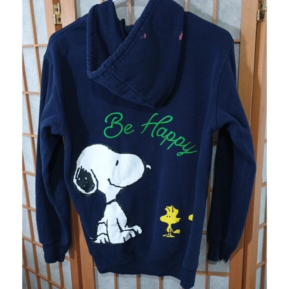 Peanuts Snoopy Woodstock Hoodie XS Navy Be Happy Graphic Pullover Freeze 2024 - Picture 2 of 13